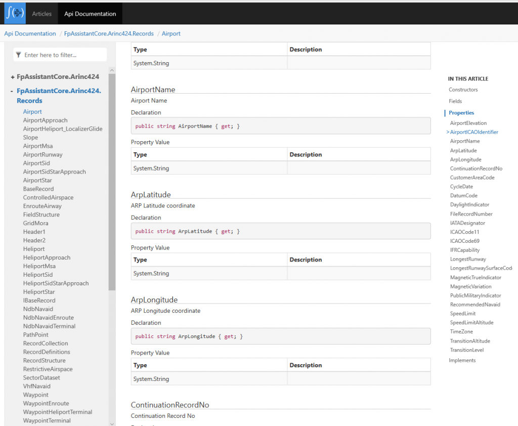 API Documentation for Airport ARINC 424 record