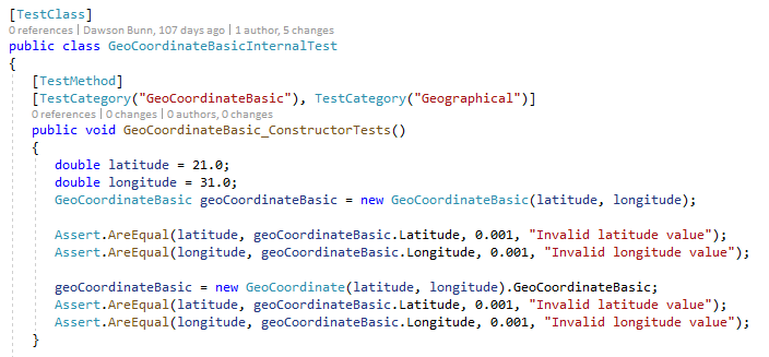 Unit Testing of GeoCoordinateBasic